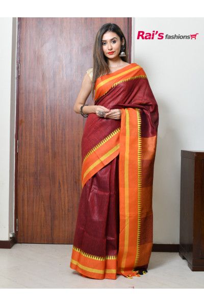 Fine Linen By Linen Saree With Temple Pattern Weaving Contrast Color Border Design (RAI208)